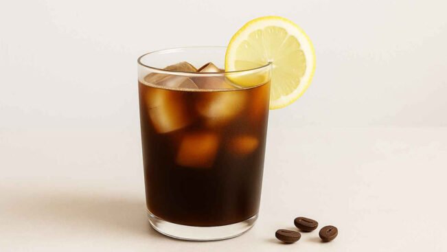 Un vaso de café preparado en frío con cubitos de hielo, adornado con una rodaja de limón en el borde. Se colocan tres granos de café junto al vaso sobre una superficie clara.