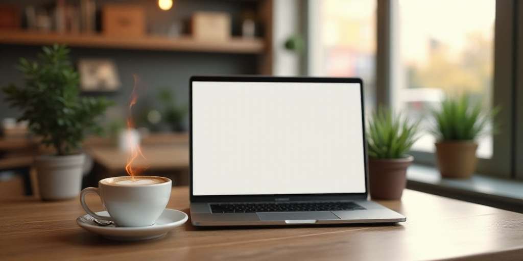 Taza de café caliente en la mesa al lado de un ordenador