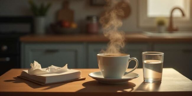 Taza de café caliente sobre la mesa de la cocina