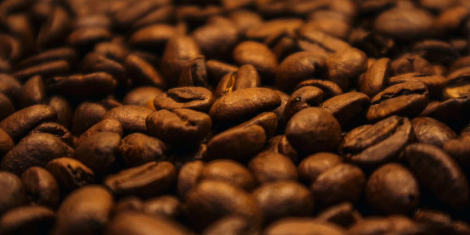 Granos de café tostado oscuro amontonados, donde se forman las melanoidinas que suavizan el amargor de la cafeína